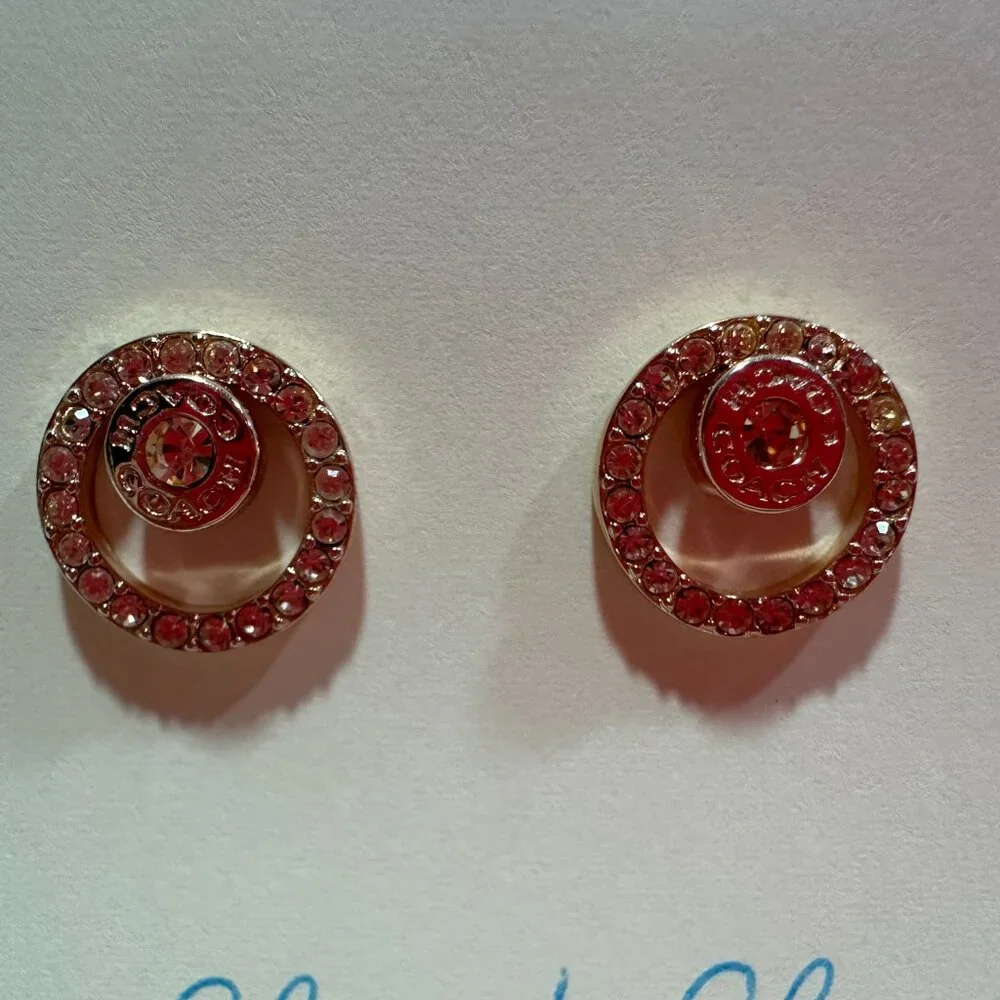 Coach Rose Gold-Tone Open Circle Halo Stud Earrings – Crystal Logo Earrings - Picture 2 of 5
